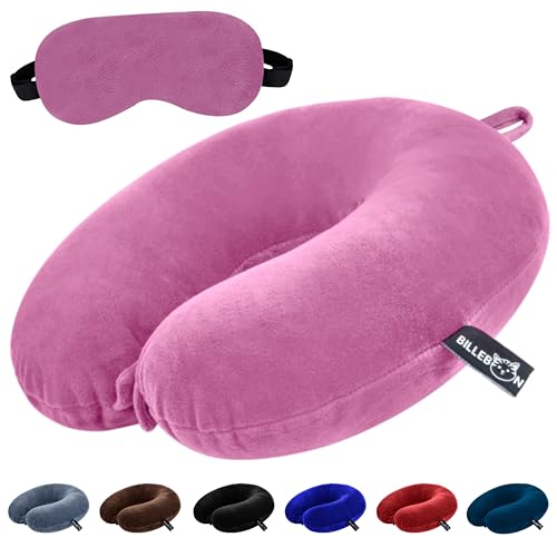Billebon Premium Neck Pillow for Travelling Airplane Travel Pillow Comfortable Head Rest Neck Holder Pillow (Grey) - Pink With Eye Mask
