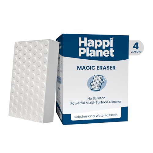 Happi Planet Magic Eraser | Pack of 4 | No Scratch Multi-Surface Cleaning Sponge | Removes 100+ Tough Stains | Just Add Water | Walls, Kitchen, Bathroom, Shoes & Switch Boards - 4 Sponges / Pack of 1