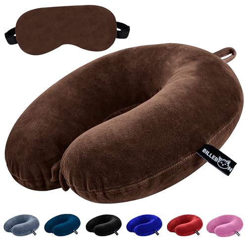 Billebon Premium Neck Pillow for Travelling Airplane Travel Pillow Comfortable Head Rest Neck Holder Pillow (Grey) - Brown With Eye Mask