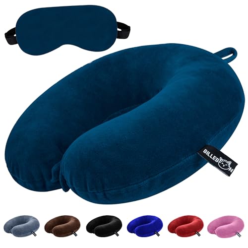 Billebon Premium Neck Pillow for Travelling Airplane Travel Pillow Comfortable Head Rest Neck Holder Pillow (Grey) - Navy Blue With Eye Mask
