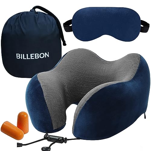 Billebon Premium Neck Pillow for Travelling Airplane Travel Pillow Comfortable Head Rest Neck Holder Pillow (Grey) - Navy Blue Raised Combo