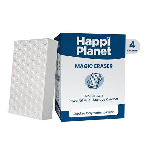 Happi Planet Magic Eraser | Pack of 4 | No Scratch Multi-Surface Cleaning Sponge | Removes 100+ Tough Stains | Just Add Water | Walls, Kitchen, Bathroom, Shoes & Switch Boards