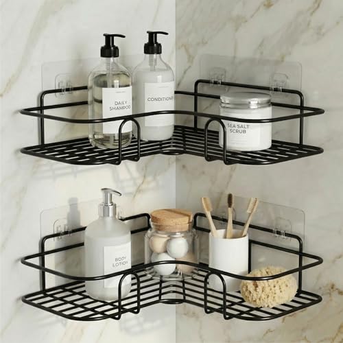 DALUCI Set of 2 Metal Bathroom Corner Shelf Rack | No Drilling Self Adhesive Wall Mounted Storage Organizer for Bathroom & Kitchen | Rustproof Bathroom Shelves (8 & 9 INCH, Black) - Bathroom Corner - Black / 2 Pcs