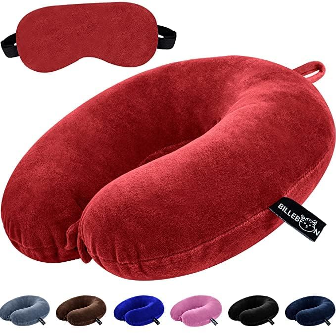 Billebon Premium Neck Pillow for Travelling Airplane Travel Pillow Comfortable Head Rest Neck Holder Pillow (Grey) - Red with Eye Mask