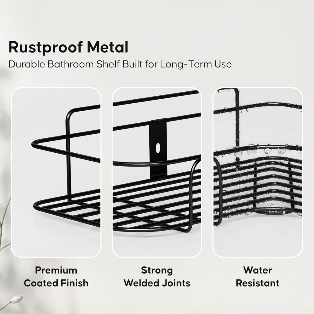 DALUCI Set of 2 Metal Bathroom Corner Shelf Rack | No Drilling Self Adhesive Wall Mounted Storage Organizer for Bathroom & Kitchen | Rustproof Bathroom Shelves (8 & 9 INCH, Black)