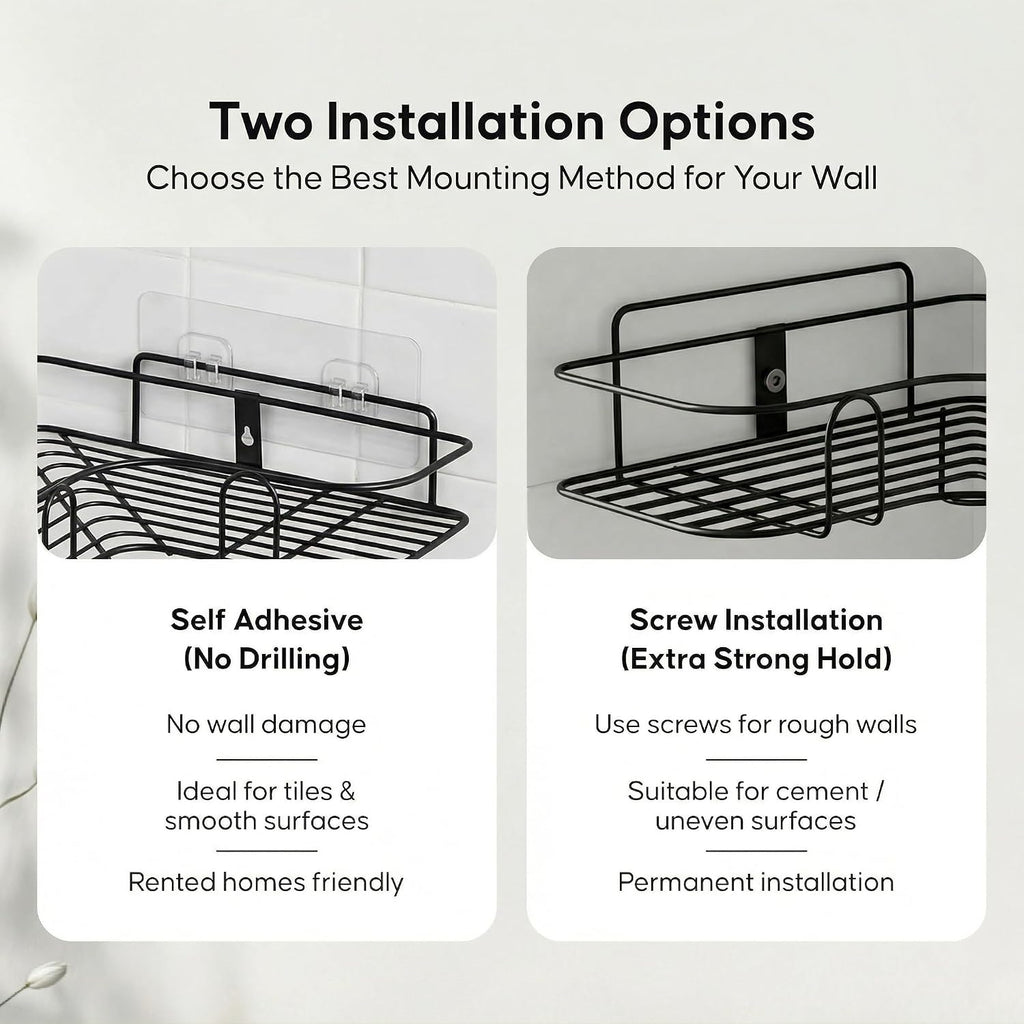 DALUCI Set of 2 Metal Bathroom Corner Shelf Rack | No Drilling Self Adhesive Wall Mounted Storage Organizer for Bathroom & Kitchen | Rustproof Bathroom Shelves (8 & 9 INCH, Black)