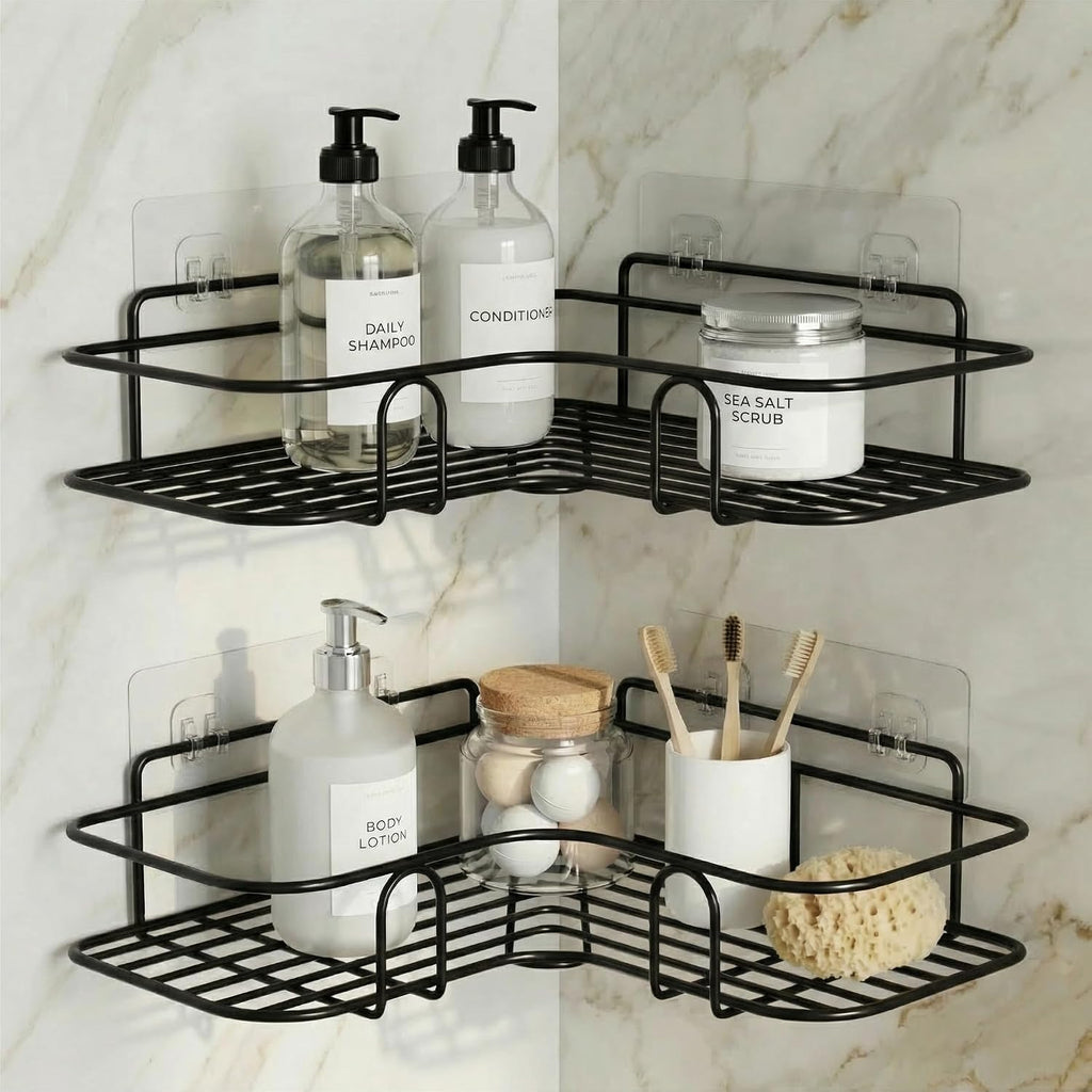 DALUCI Set of 2 Metal Bathroom Corner Shelf Rack | No Drilling Self Adhesive Wall Mounted Storage Organizer for Bathroom & Kitchen | Rustproof Bathroom Shelves (8 & 9 INCH, Black)